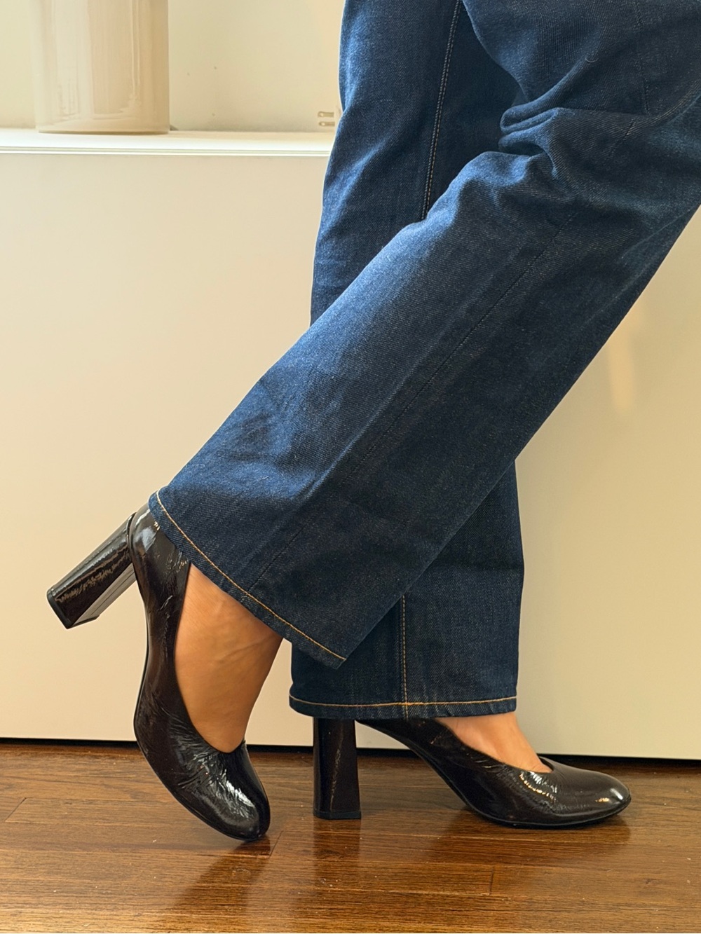 Dark Maroon Brown Patent Block Heel Pumps